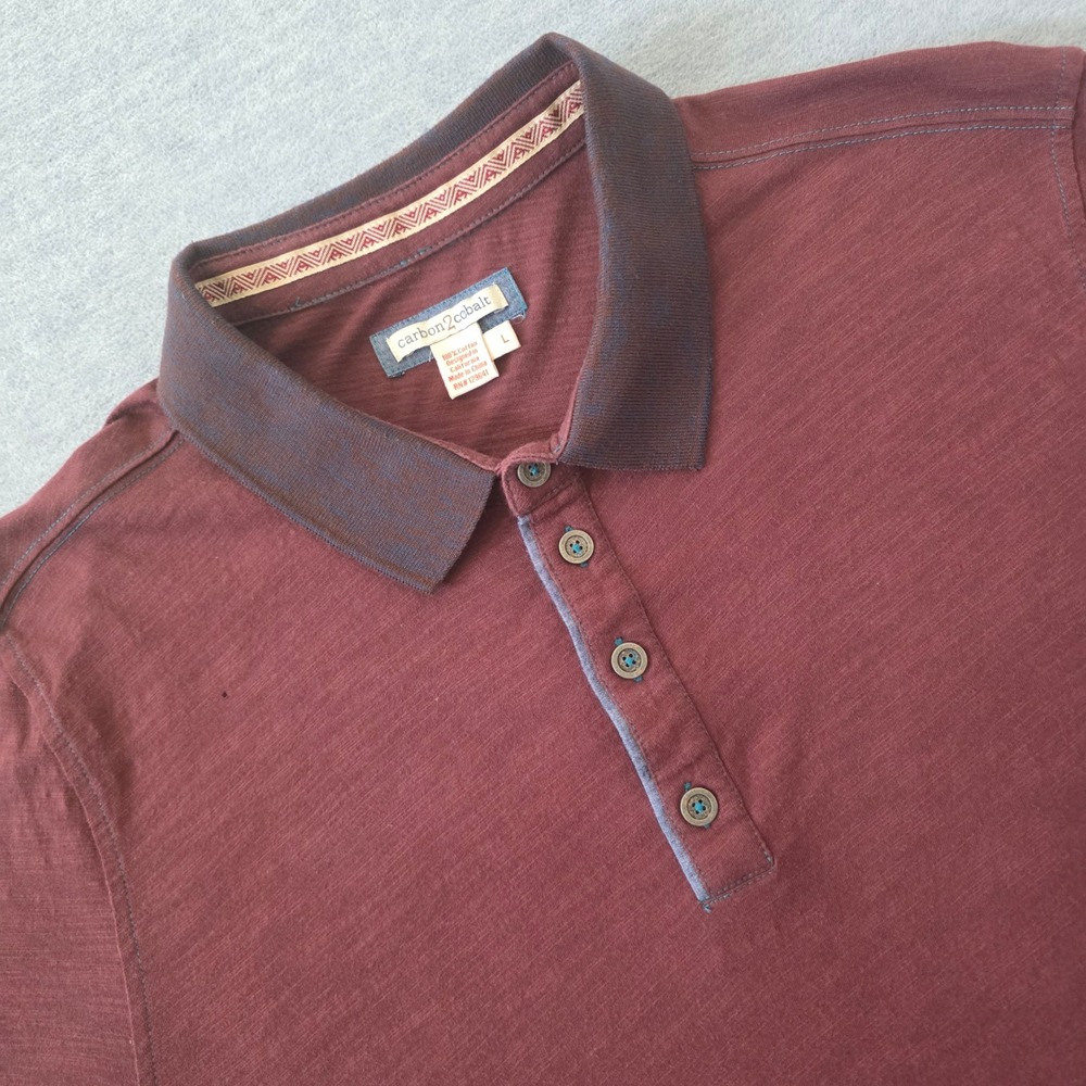 Carbon2Cobalt Mens Large Burgundy Slub Cotton Short Sleeve Polo Shirt
